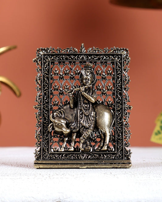 Brass Superfine Krishna with Cow Car Dashboard Idol – Divine Miniature Statue (3 Inches) - Budhshiv.com