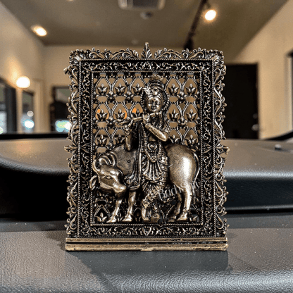 Brass Superfine Krishna with Cow Car Dashboard Idol – Divine Miniature Statue (3 Inches) - Budhshiv.com