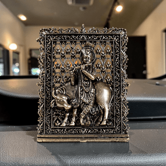 Brass Superfine Krishna with Cow Car Dashboard Idol – Divine Miniature Statue (3 Inches) - Budhshiv.com