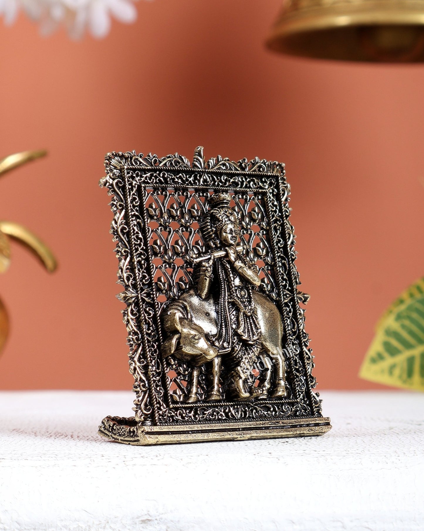 Brass Superfine Krishna with Cow Car Dashboard Idol – Divine Miniature Statue (3 Inches) - Budhshiv.com
