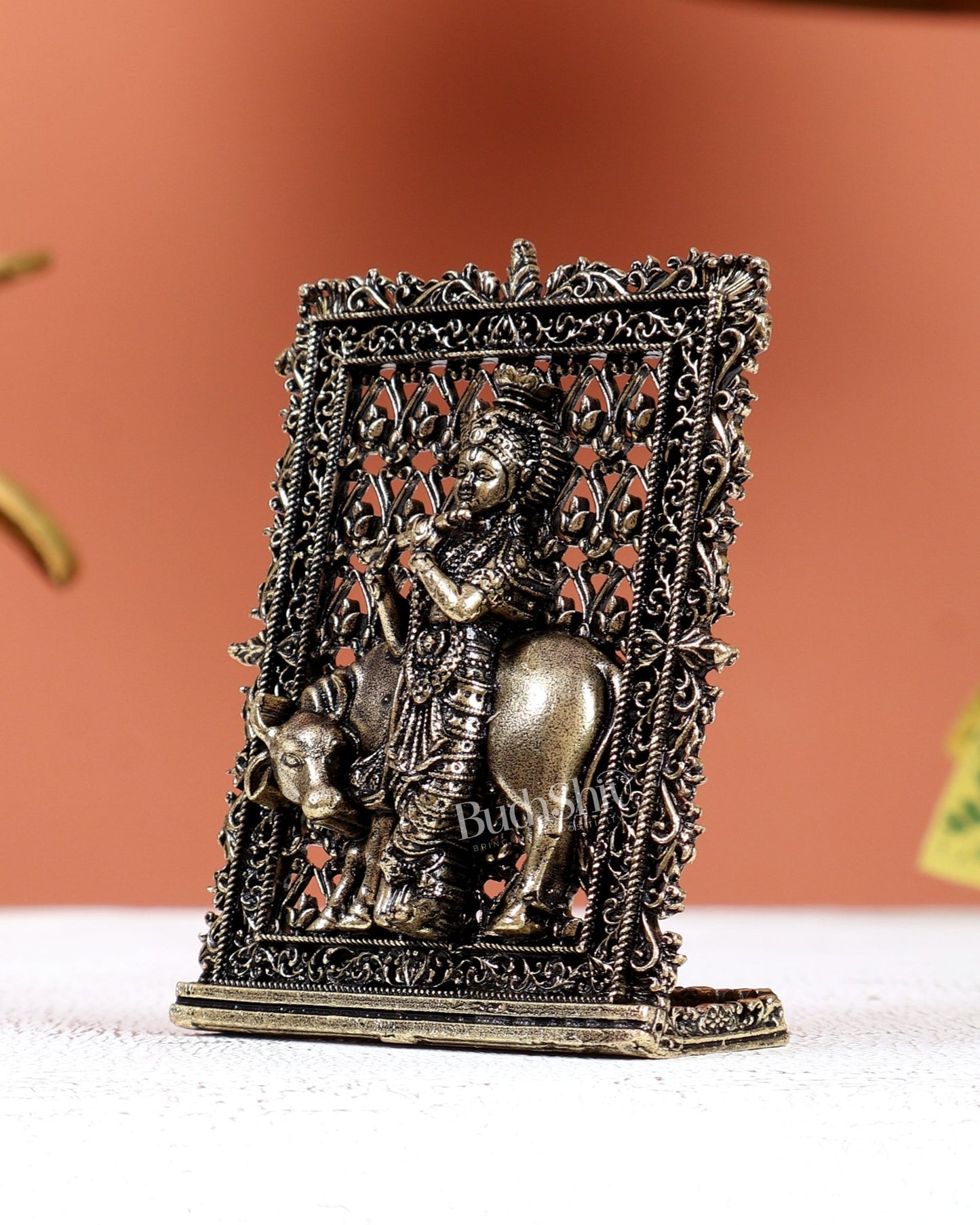 Brass Superfine Krishna with Cow Car Dashboard Idol – Divine Miniature Statue (3 Inches) - Budhshiv.com
