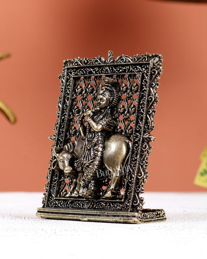 Brass Superfine Krishna with Cow Car Dashboard Idol – Divine Miniature Statue (3 Inches) - Budhshiv.com