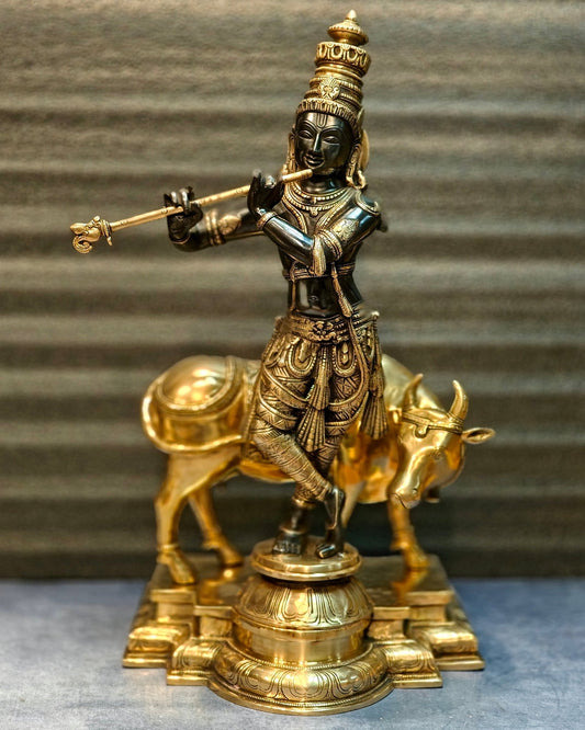 Brass Superfine Krishna With Cow Sculpture - Handcrafted Brass, 25.5" Tall, 26kg - Budhshiv.com