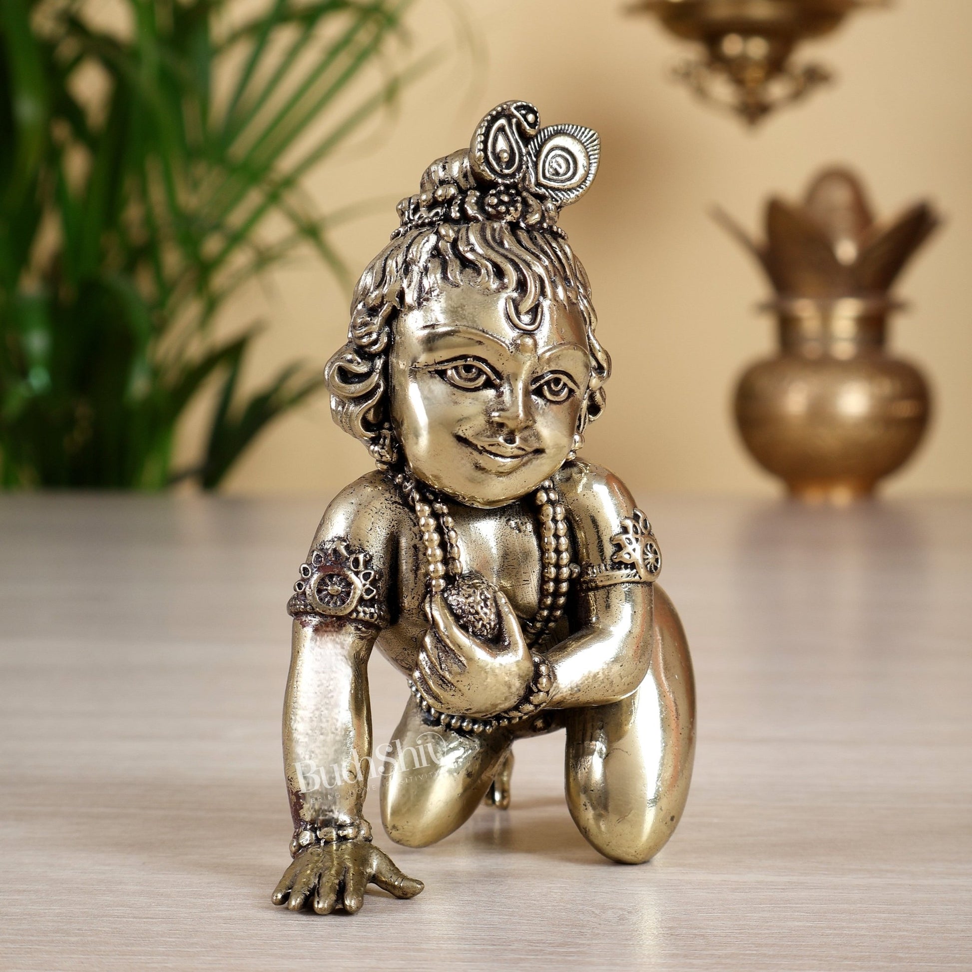Brass Superfine Laddoo Gopal Crawling Baby Krishna Idol – Hollow Casted Intricate Murti - Budhshiv.com