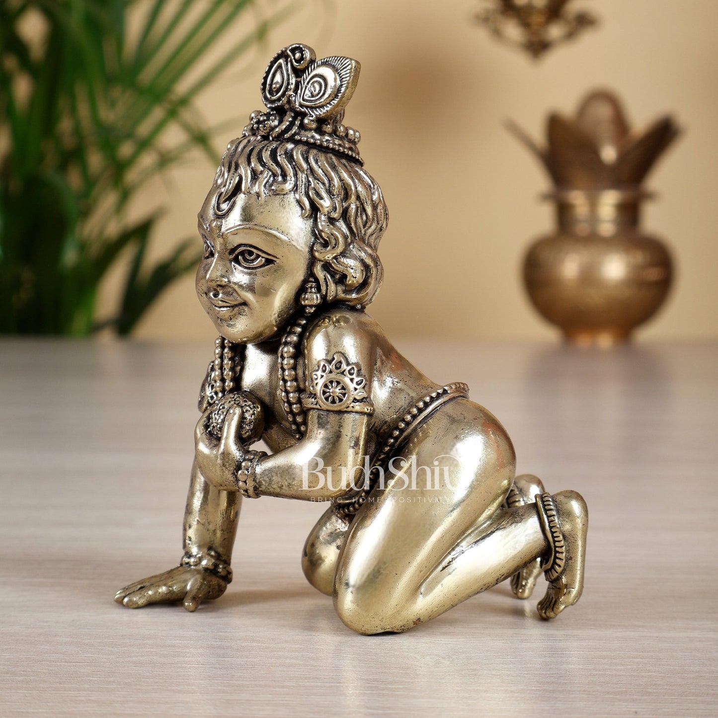 Brass Superfine Laddoo Gopal Crawling Baby Krishna Idol – Hollow Casted Intricate Murti - Budhshiv.com