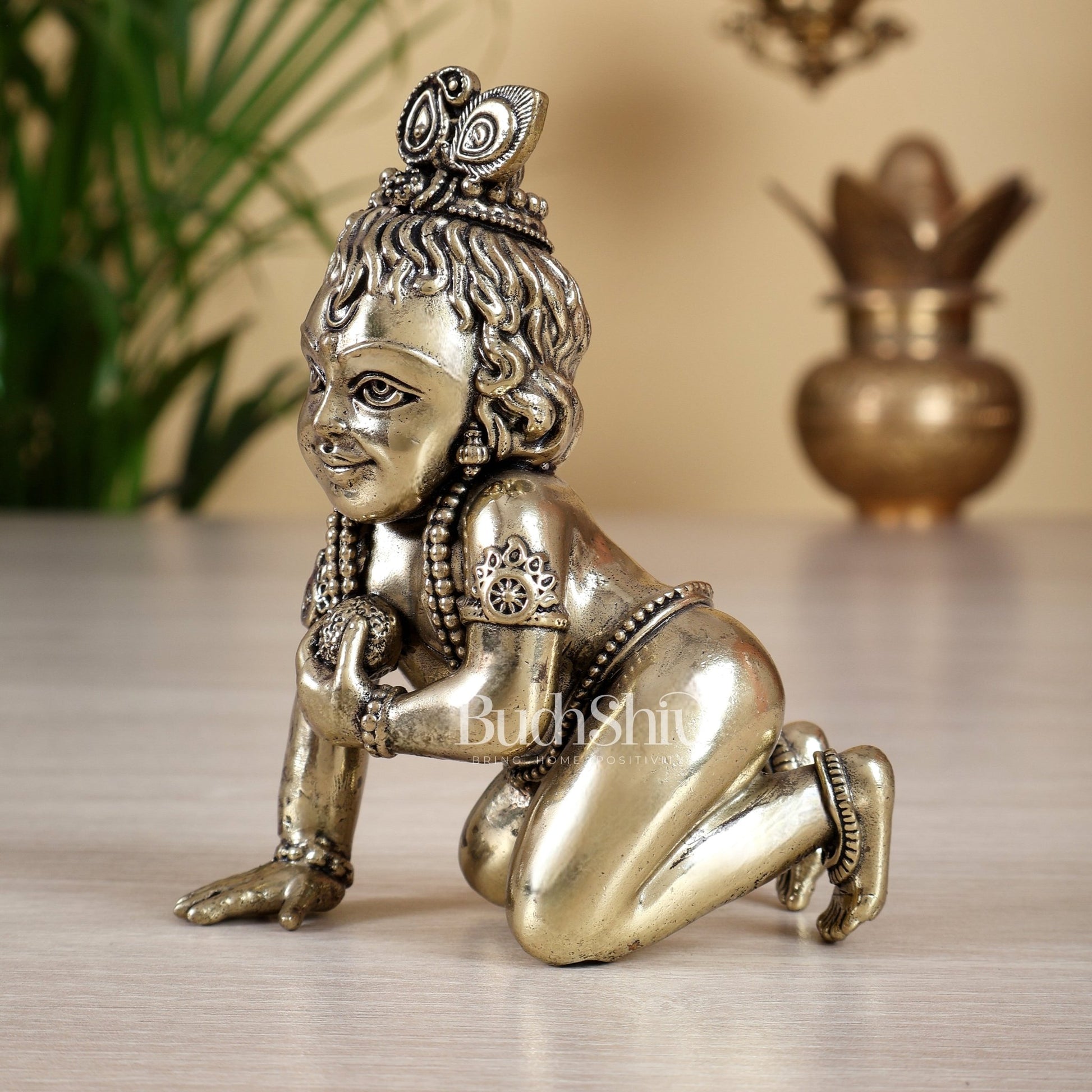 Brass Superfine Laddoo Gopal Crawling Baby Krishna Idol – Hollow Casted Intricate Murti - Budhshiv.com
