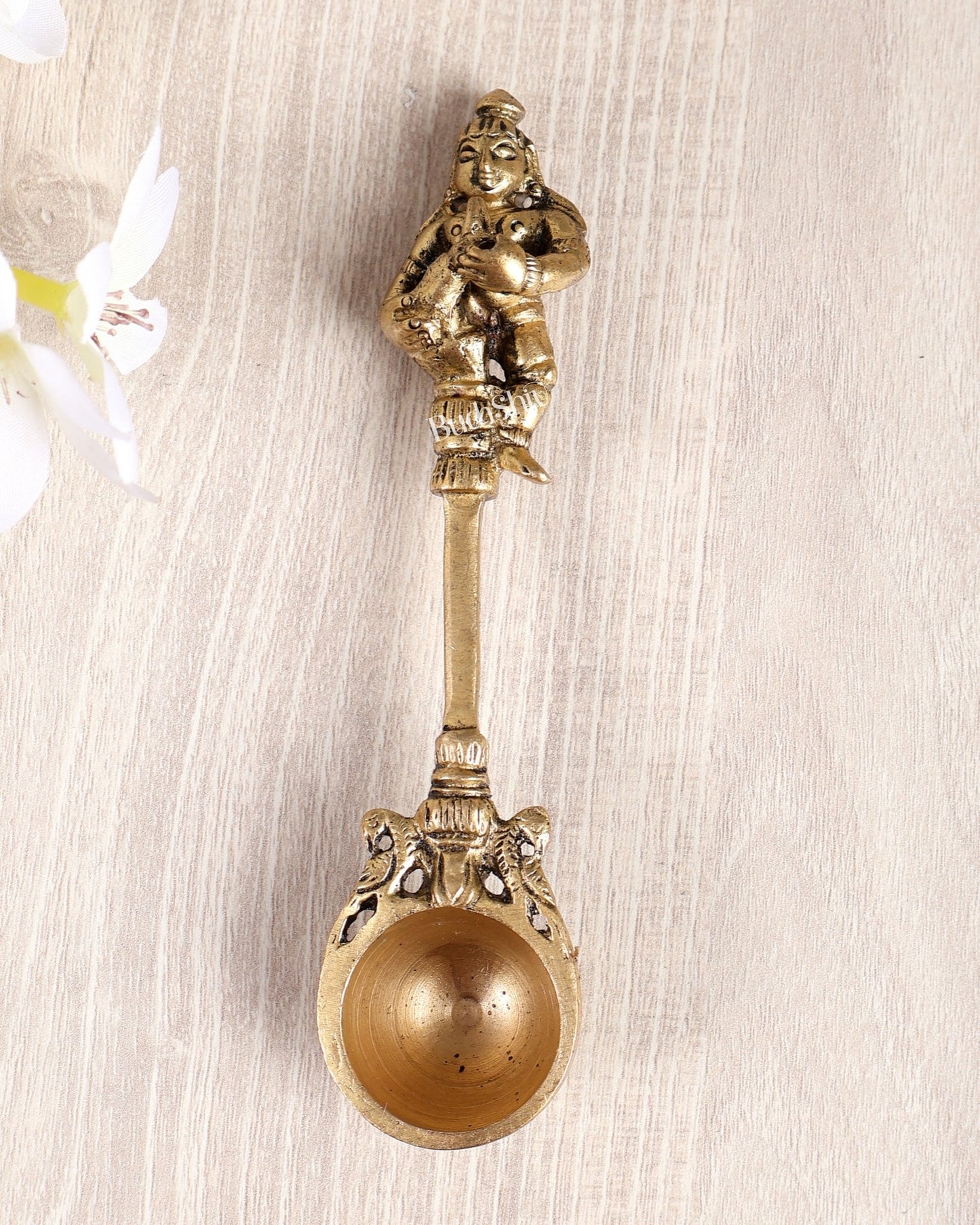 Brass Superfine Laddoo Gopal Design Hawan Spoon – Sruva Yagya Offering Ladle 8.6 inch - Budhshiv.com