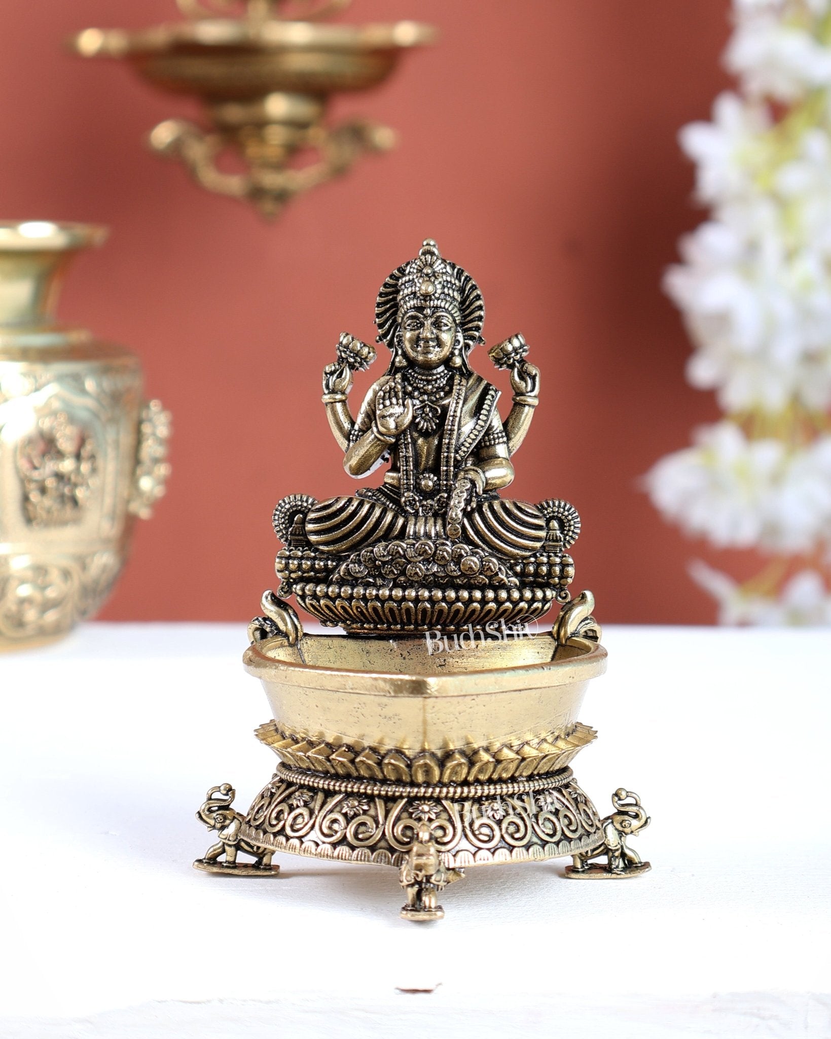 Brass Superfine Lakshmi Diya – Intricately Crafted 4.5" - Budhshiv.com