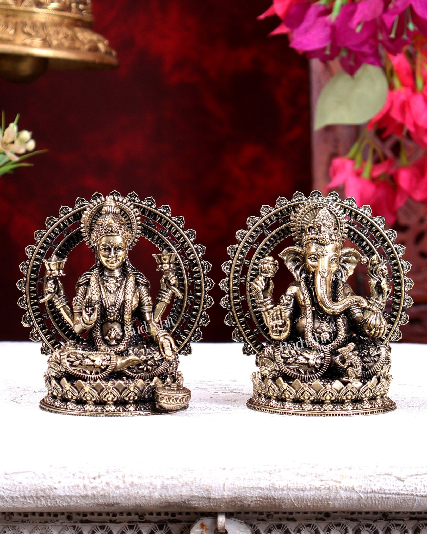 Brass Superfine Lakshmi Ganesha Idol Pair for Home & Pooja 4 inch - Budhshiv.com