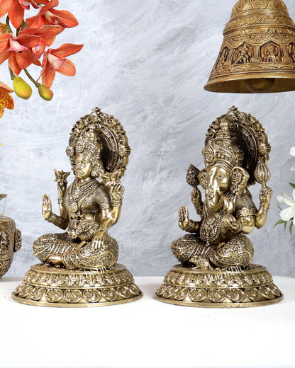 Brass Superfine Lakshmi Ganesha Idol Set with Prabhavali 8 inch - Budhshiv.com