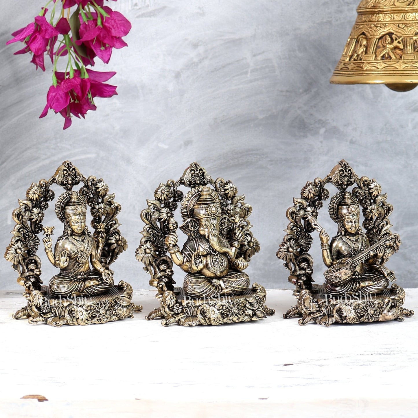 Brass Superfine Lakshmi Ganesha Saraswati Idol Set – Intricately Handcrafted Divine Trio (5 Inches) - Budhshiv.com