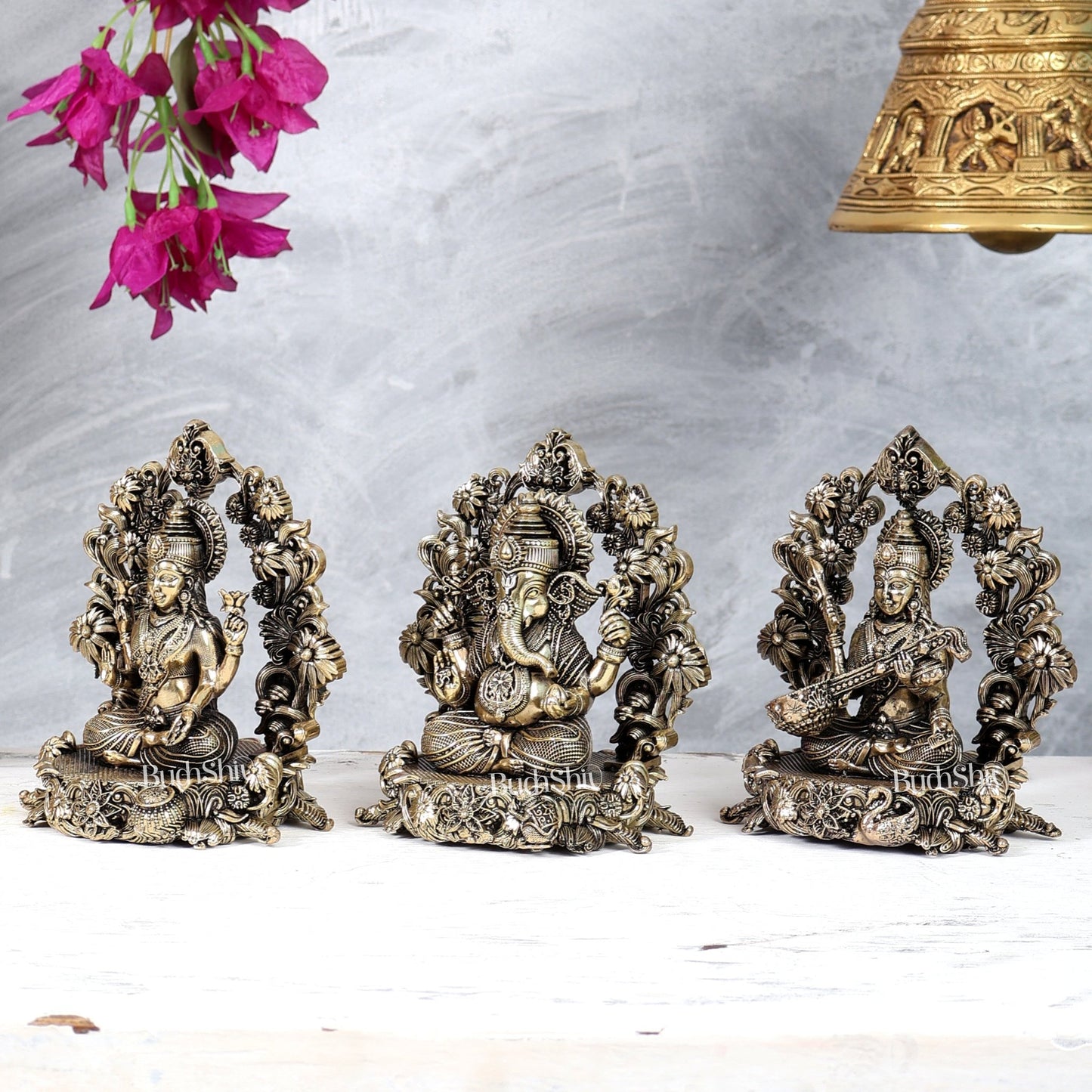 Brass Superfine Lakshmi Ganesha Saraswati Idol Set – Intricately Handcrafted Divine Trio (5 Inches) - Budhshiv.com