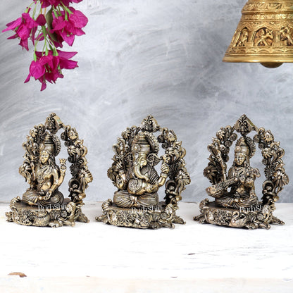 Brass Superfine Lakshmi Ganesha Saraswati Idol Set – Intricately Handcrafted Divine Trio (5 Inches) - Budhshiv.com
