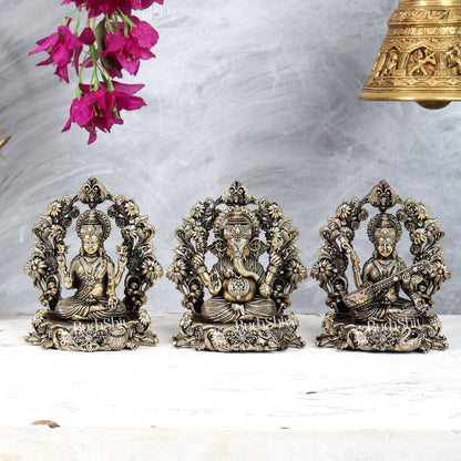 Brass Superfine Lakshmi Ganesha Saraswati Idol Set – Intricately Handcrafted Divine Trio (5 Inches) - Budhshiv.com