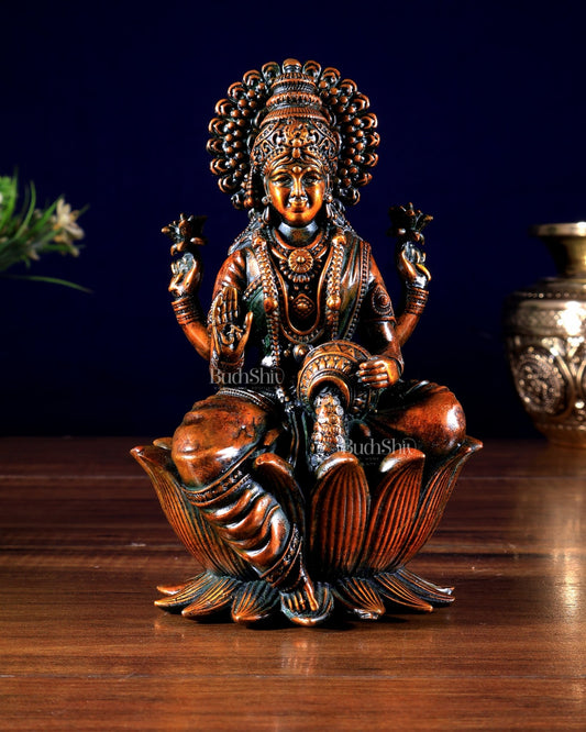 Brass Superfine Lakshmi Idol - 6 Inch lotus base brown tone - Budhshiv.com