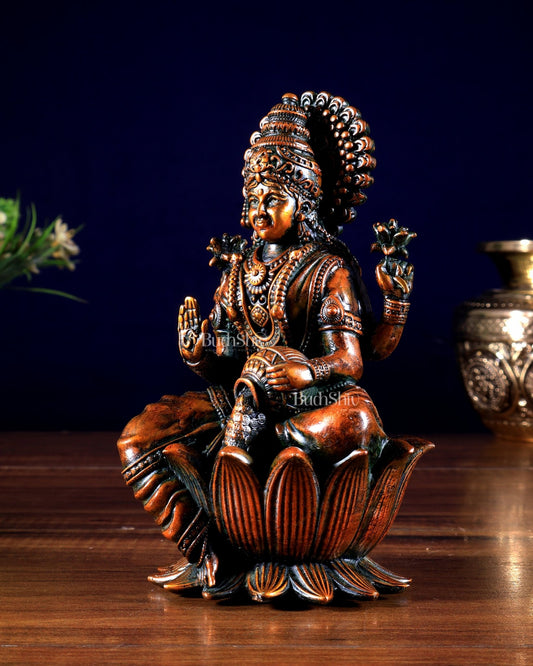 Brass Superfine Lakshmi Idol - 6 Inch lotus base brown tone - Budhshiv.com