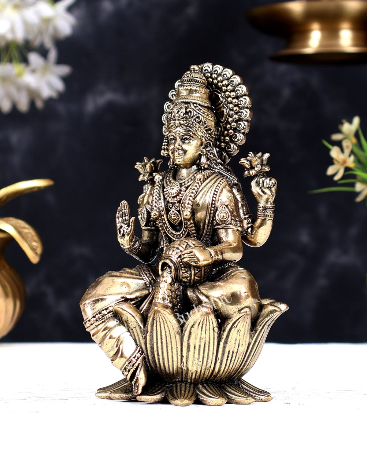 Brass Superfine Lakshmi Idol - 6 Inch lotus base - Budhshiv.com
