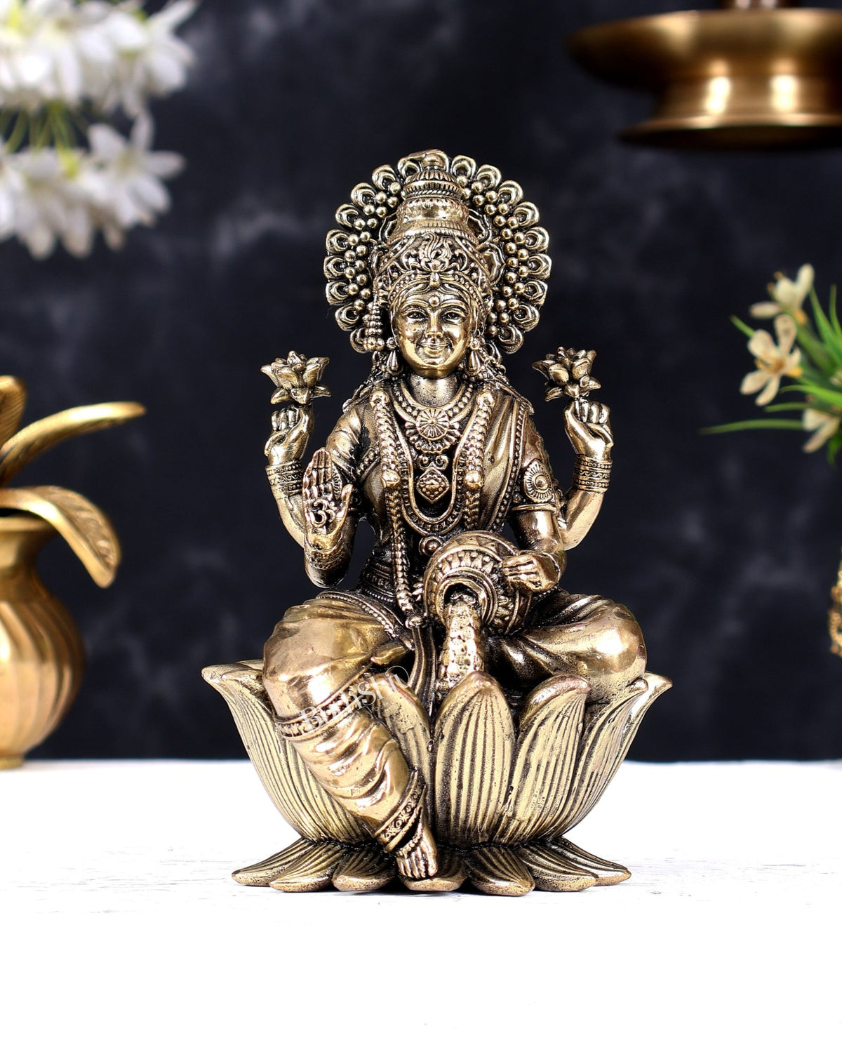 Brass Superfine Lakshmi Idol - 6 Inch lotus base - Budhshiv.com