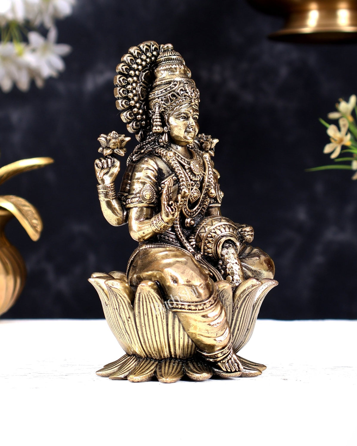 Brass Superfine Lakshmi Idol - 6 Inch lotus base - Budhshiv.com