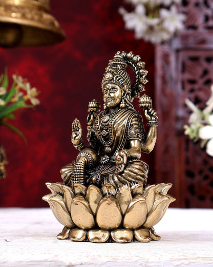 Brass Superfine Lakshmi Idol Cross-Legged on Lotus Base 5 inch - Budhshiv.com