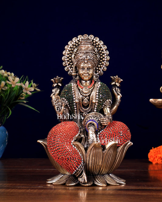 Brass Superfine Lakshmi Idol - lotus base jewellery work - Budhshiv.com