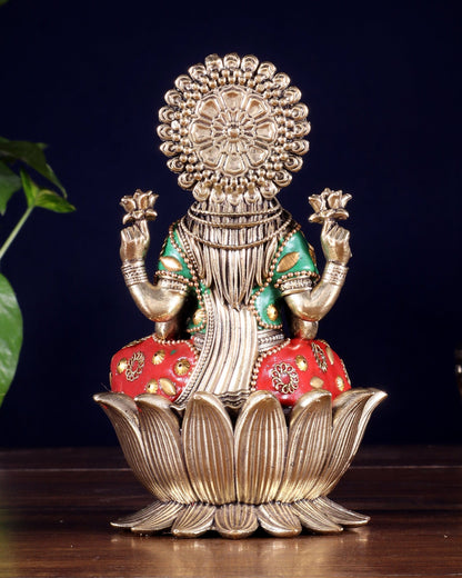 Brass Superfine Lakshmi Idol - lotus base meenakari - Budhshiv.com