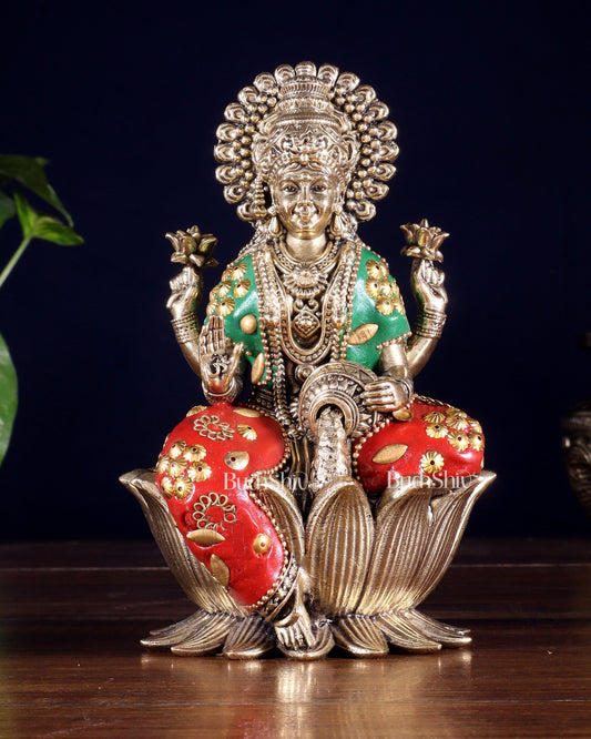 Brass Superfine Lakshmi Idol - lotus base meenakari - Budhshiv.com