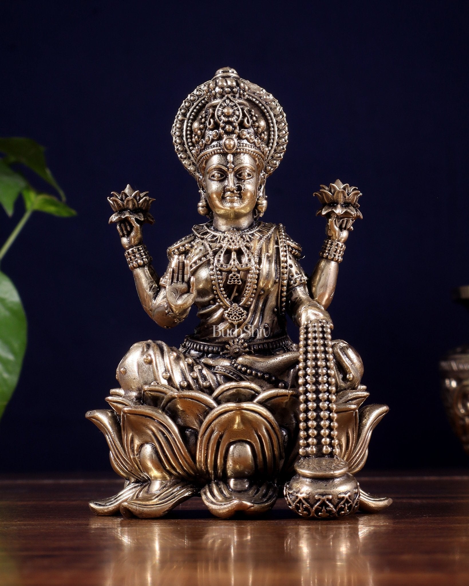 Brass Superfine Lakshmi Idol on Lotus Base 5" - Budhshiv.com