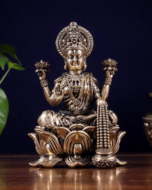 Brass Superfine Lakshmi Idol on Lotus Base 5" - Budhshiv.com