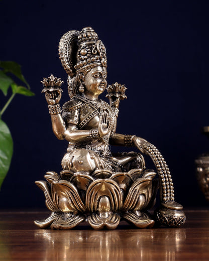 Brass Superfine Lakshmi Idol on Lotus Base 5" - Budhshiv.com