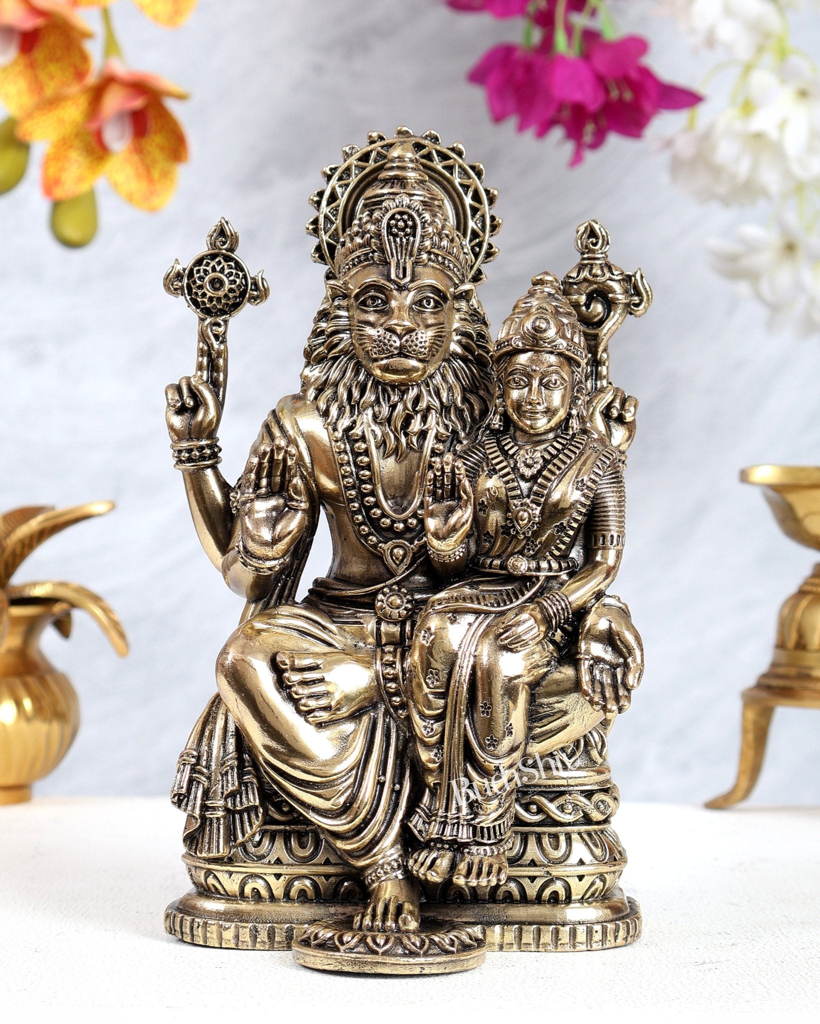Brass Superfine Lakshmi Narasimha Swamy Idol – Divine Protection Sculpture (8 Inches) - Budhshiv.com