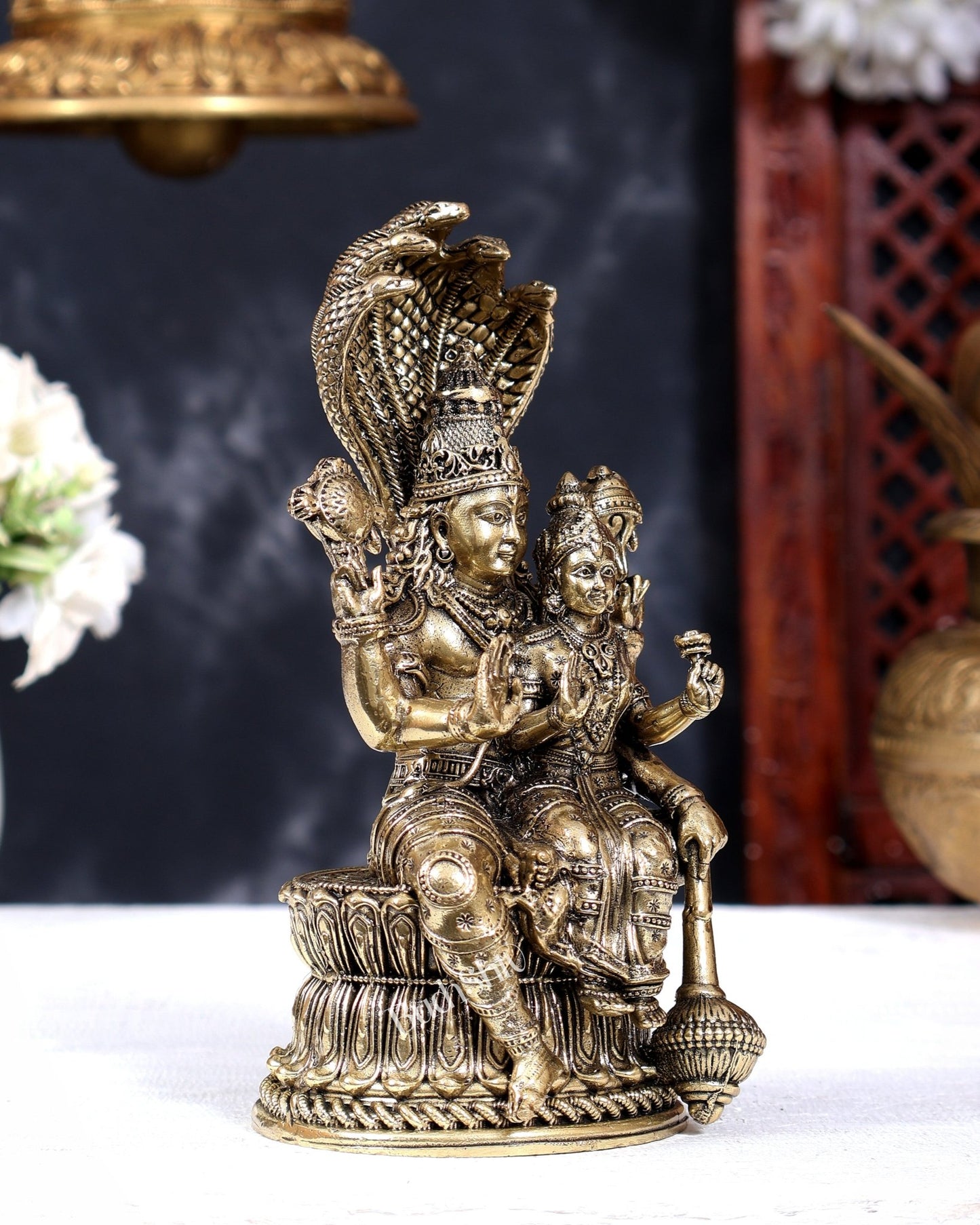 Brass Superfine Lakshmi Narayana with Sheshanaag Idol | Seated Vishnu Lakshmi 6.5 inch - Budhshiv.com