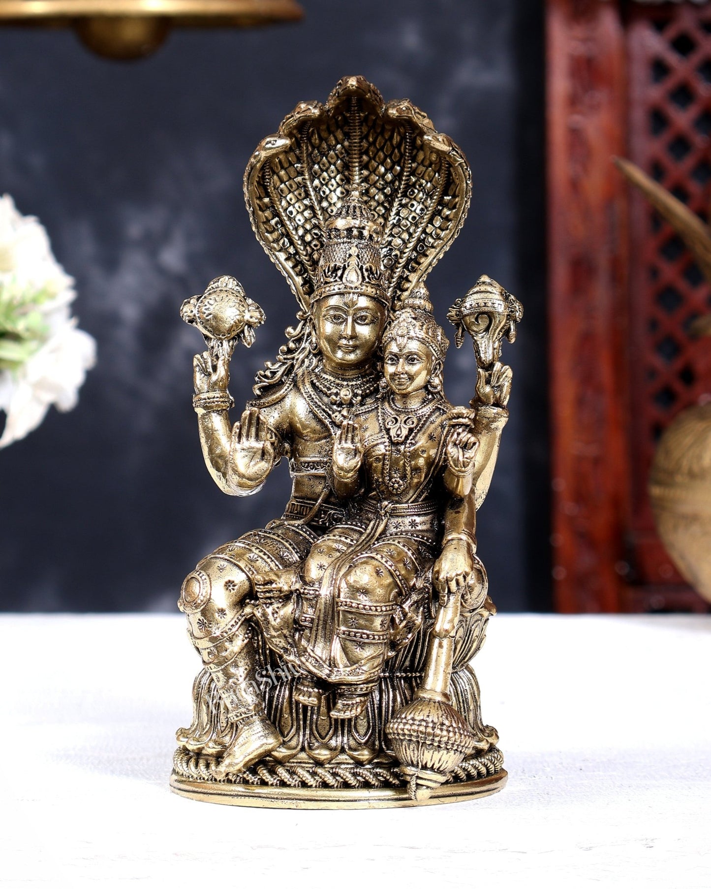 Brass Superfine Lakshmi Narayana with Sheshanaag Idol | Seated Vishnu Lakshmi 6.5 inch - Budhshiv.com