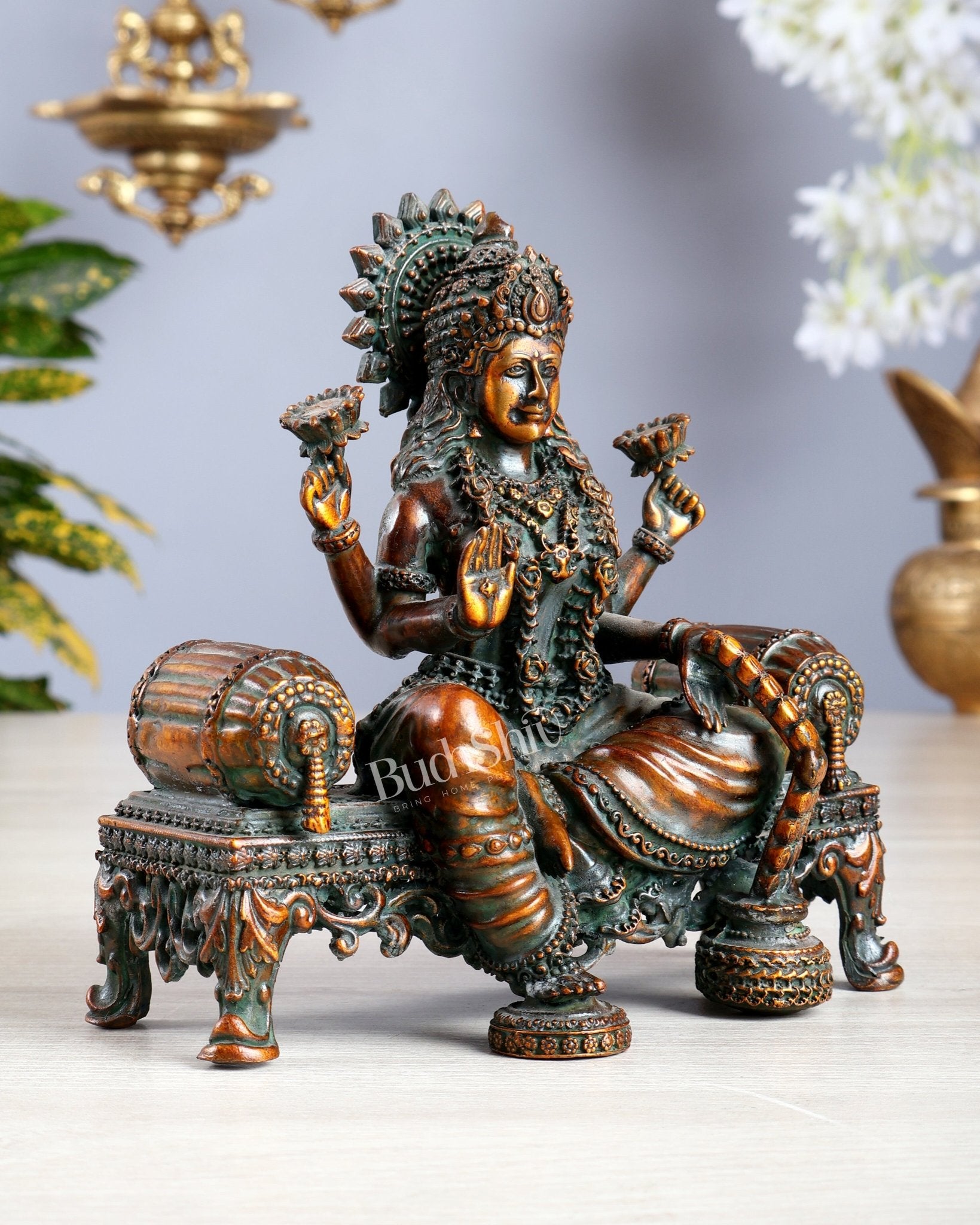 Brass Superfine lakshmi on throne idol 4 and 5.5 inch chola bronze tone - Budhshiv.com