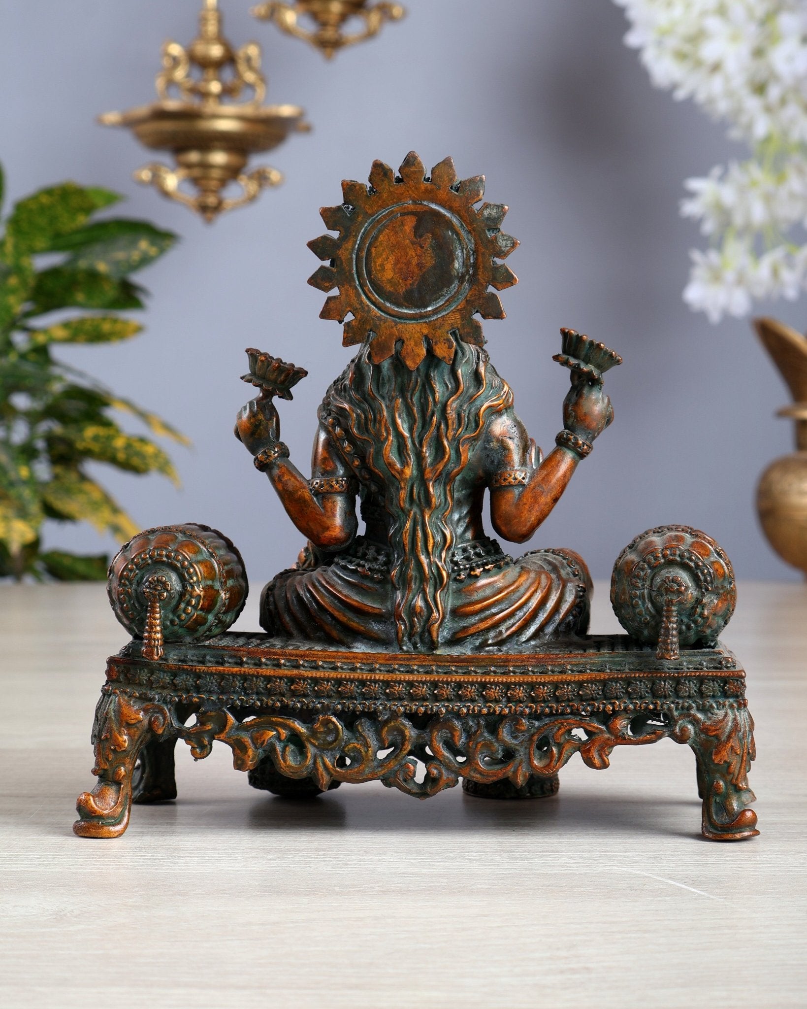 Brass Superfine lakshmi on throne idol 4 and 5.5 inch chola bronze tone - Budhshiv.com