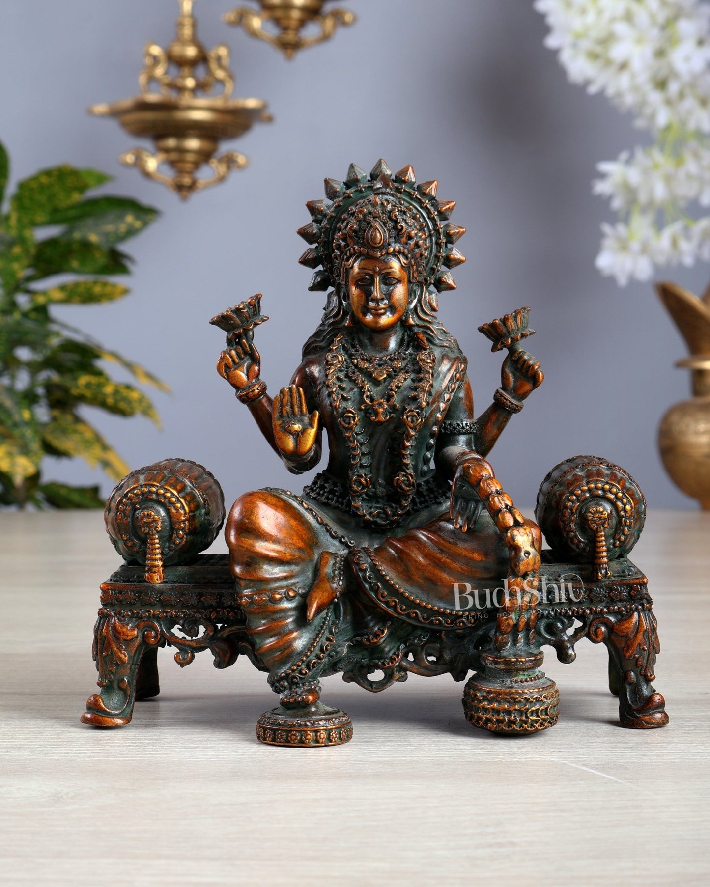 Brass Superfine lakshmi on throne idol 4 and 5.5 inch chola bronze tone - Budhshiv.com