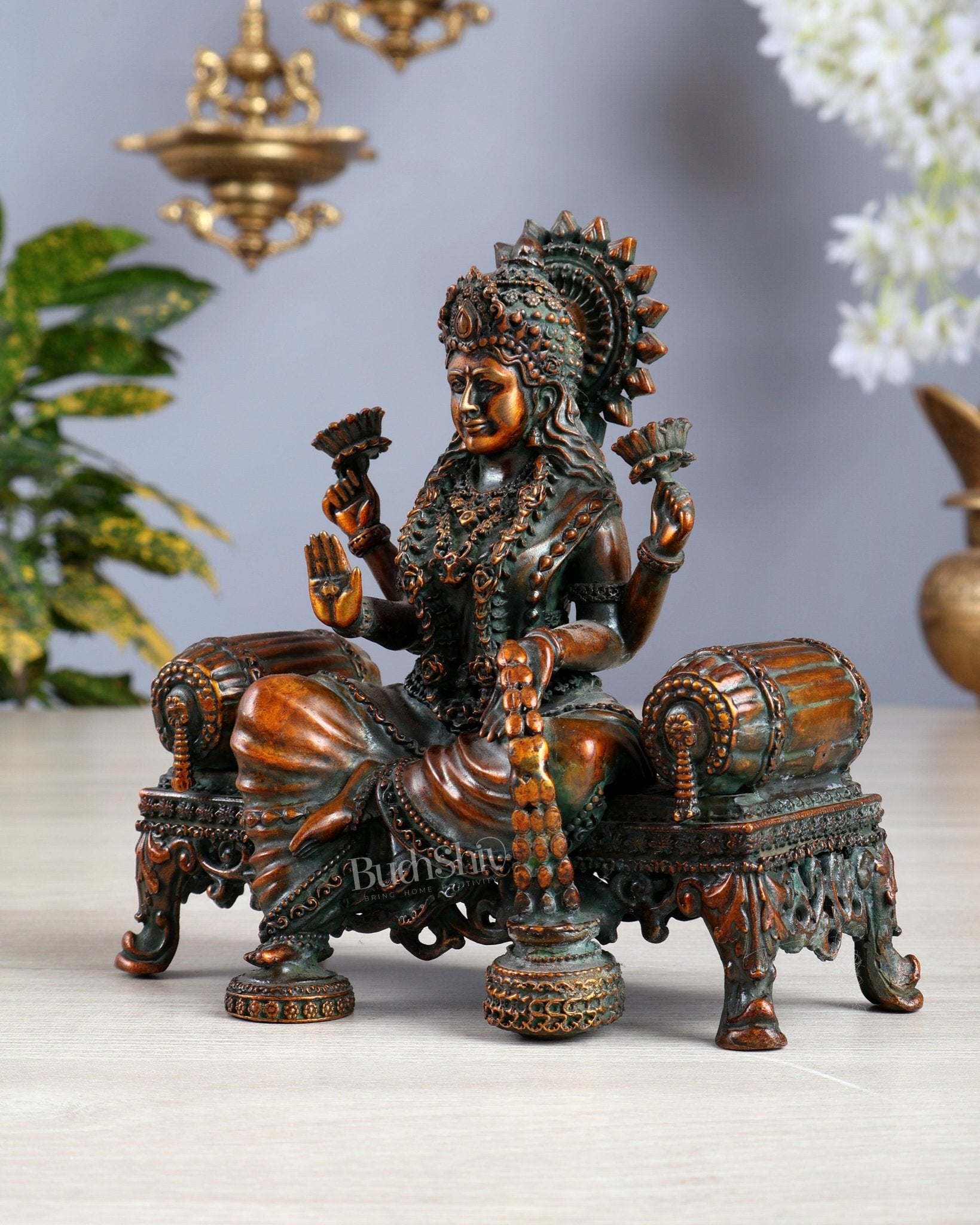 Brass Superfine lakshmi on throne idol 4 and 5.5 inch chola bronze tone - Budhshiv.com