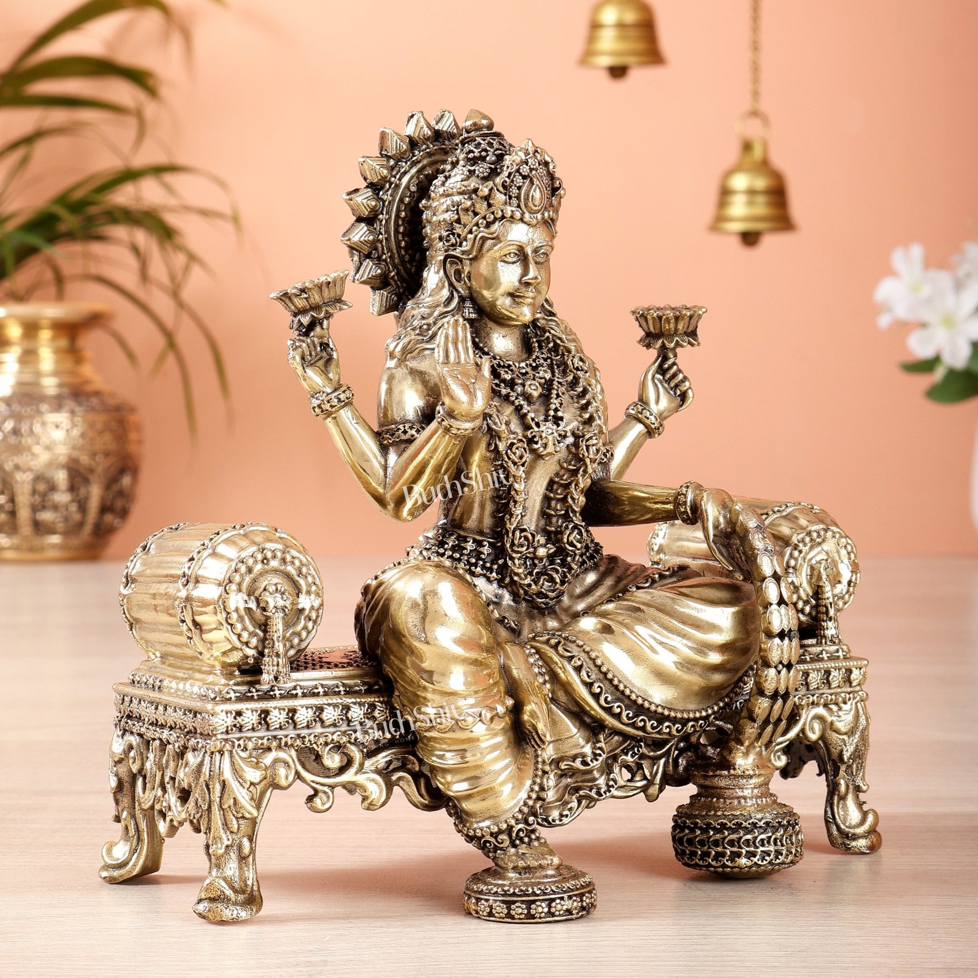 Brass Superfine lakshmi on throne idol 4 and 5.5 inch - Budhshiv.com