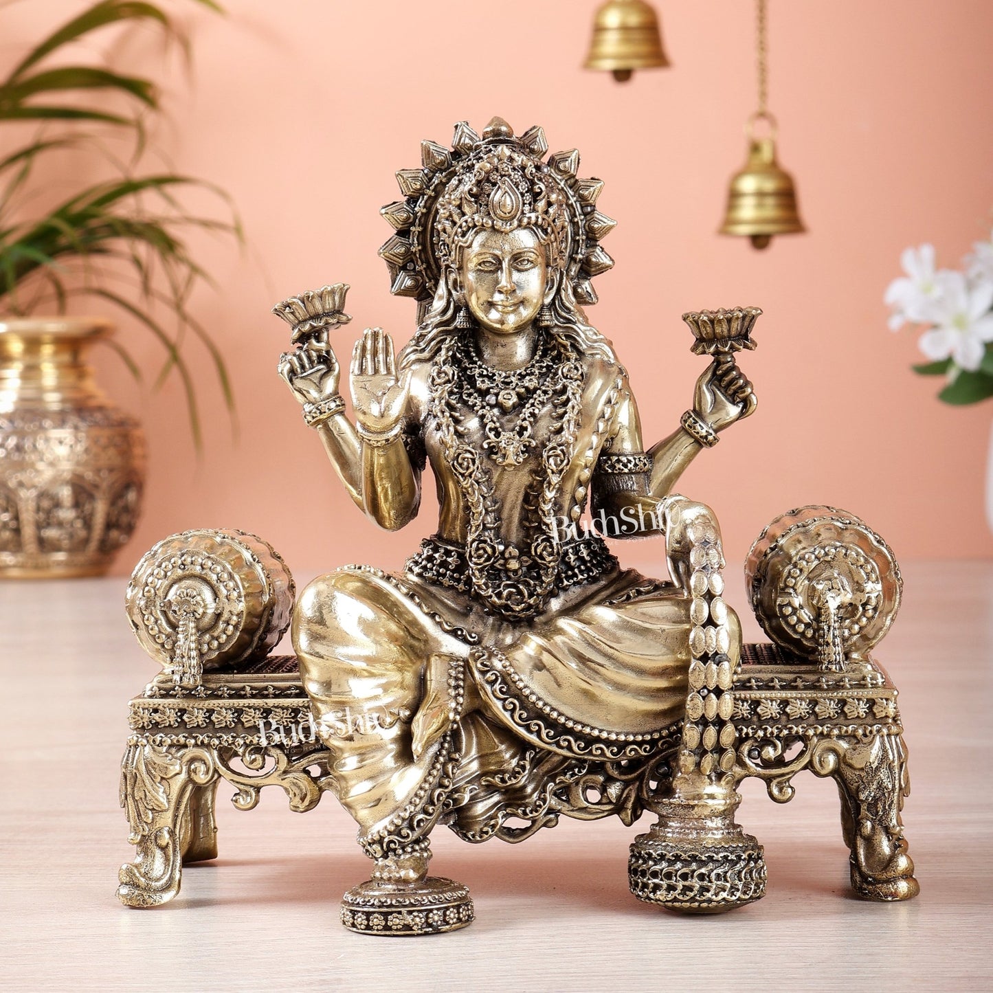Brass Superfine lakshmi on throne idol 4 and 5.5 inch - Budhshiv.com