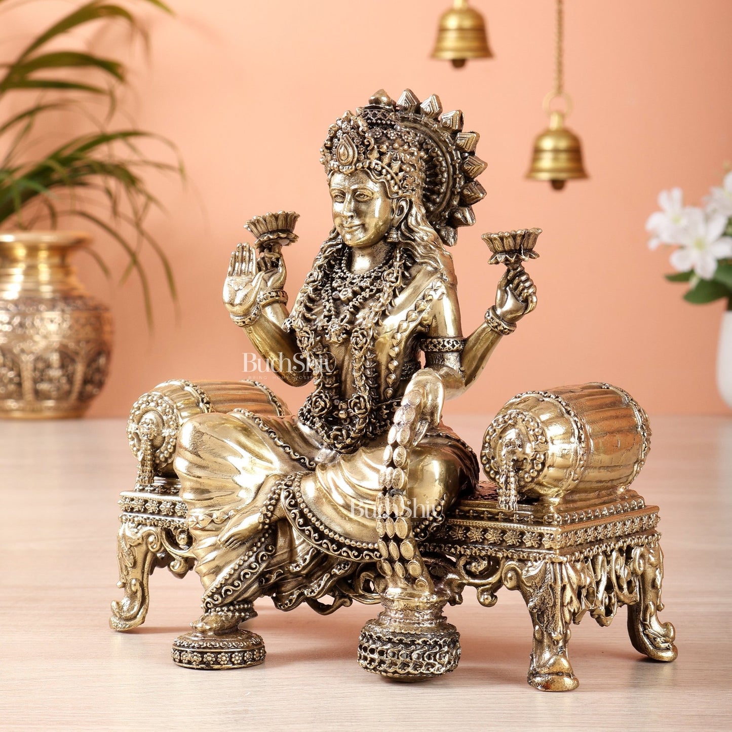 Brass Superfine lakshmi on throne idol 4 and 5.5 inch - Budhshiv.com