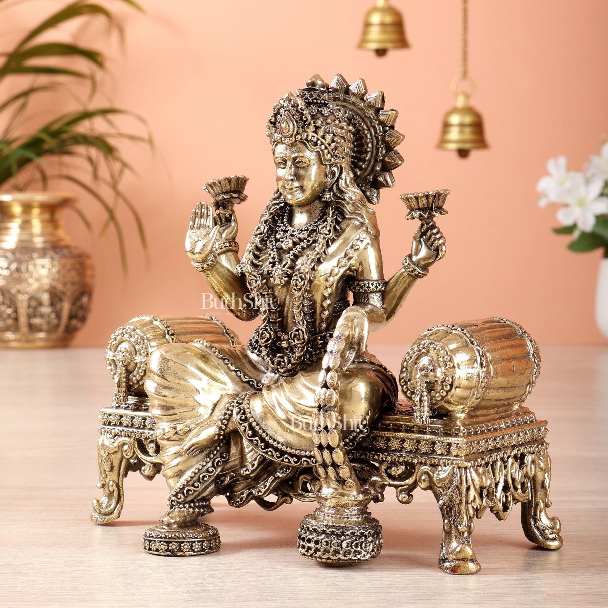 Brass Superfine lakshmi on throne idol 4 and 5.5 inch - Budhshiv.com