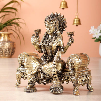 Brass Superfine lakshmi on throne idol 4 and 5.5 inch - Budhshiv.com