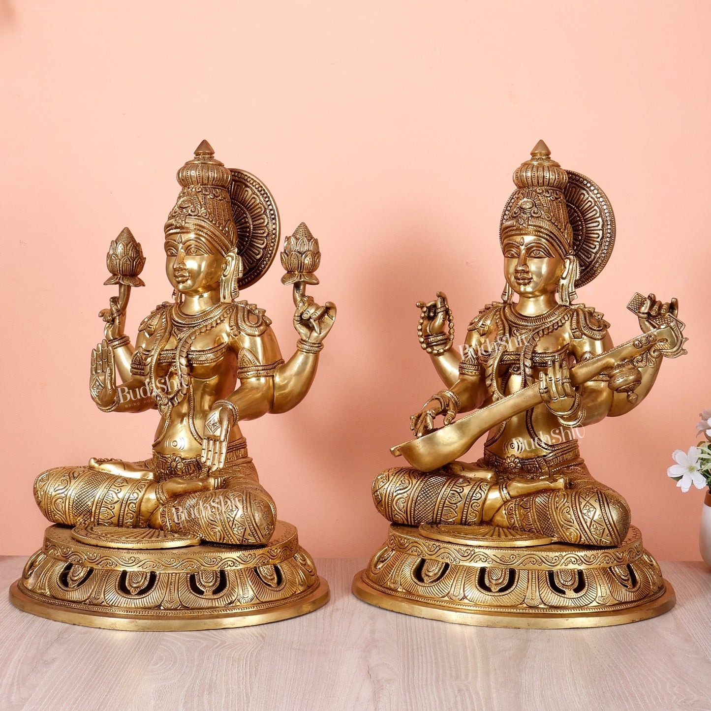 Brass Superfine Lakshmi & Saraswati Idols 17.5 inch large - Budhshiv.com