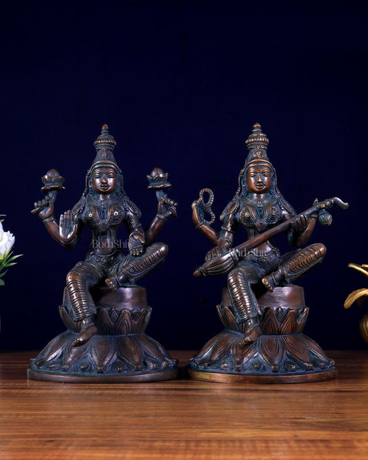 Brass Superfine Lakshmi & Saraswati Idols – Antique Tone (Pair) 10 inch - Budhshiv.com