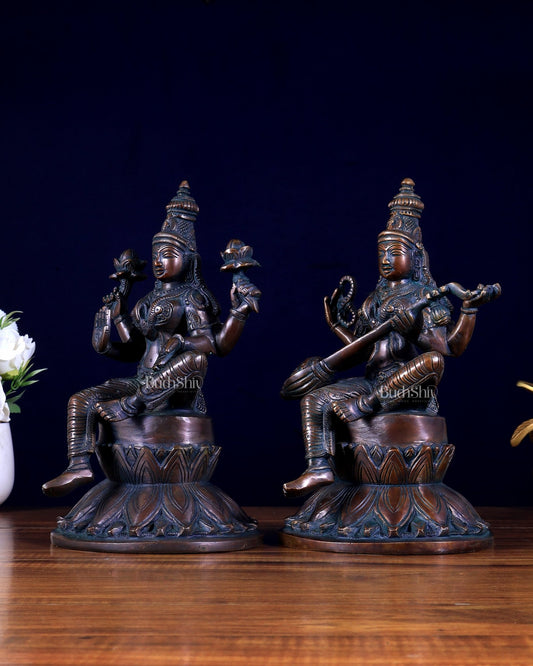 Brass Superfine Lakshmi & Saraswati Idols – Antique Tone (Pair) 10 inch - Budhshiv.com