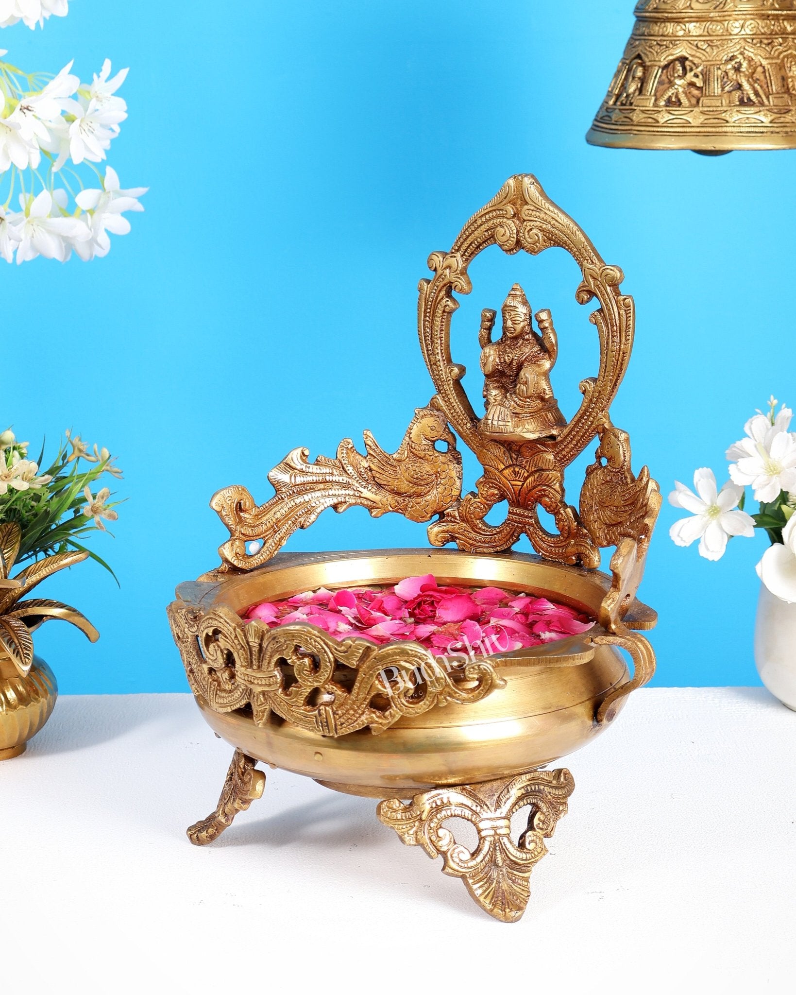 Brass Superfine Lakshmi Urli with Dual Peacocks – Decorative Festive Bowl 11 inch - Budhshiv.com