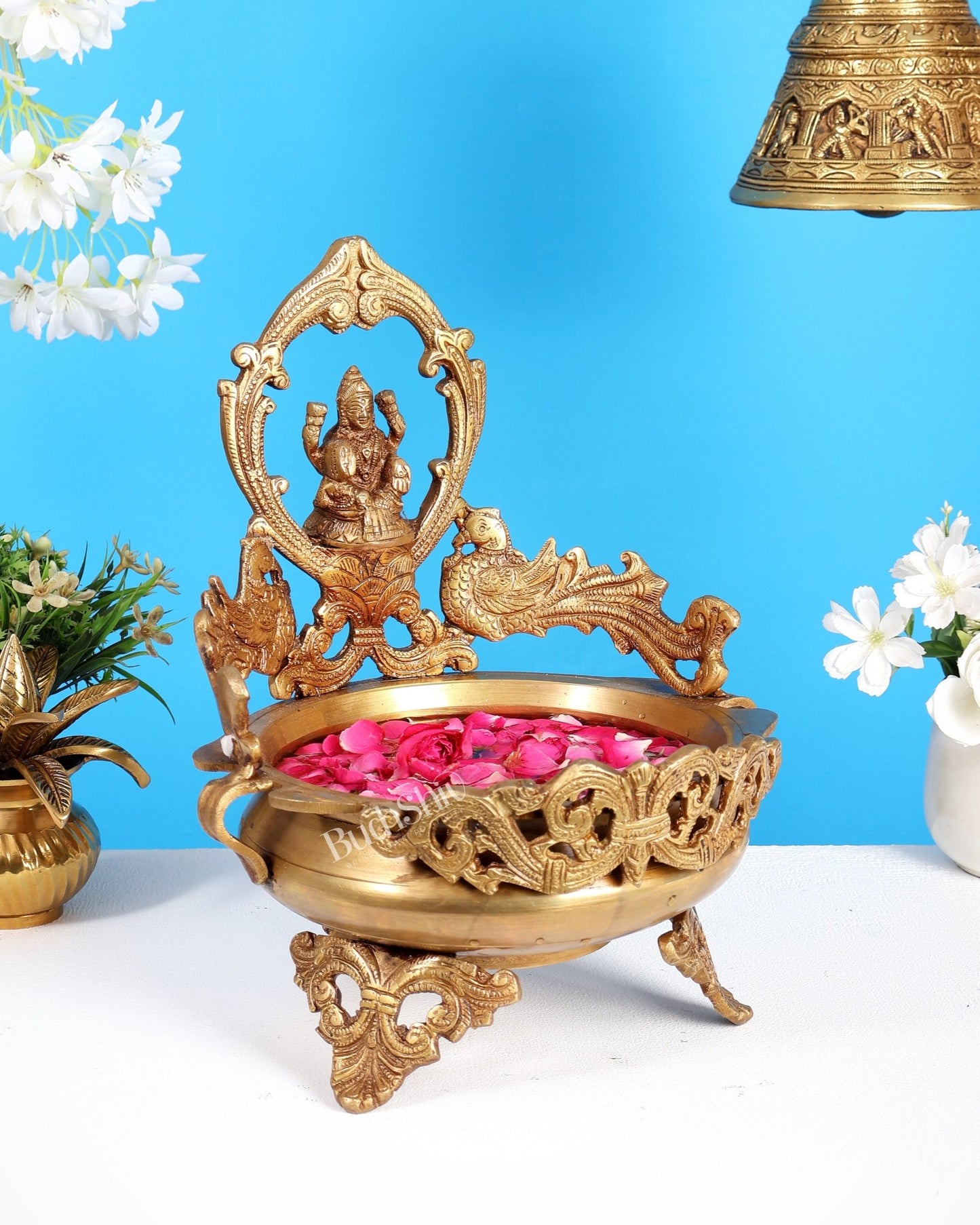 Brass Superfine Lakshmi Urli with Dual Peacocks – Decorative Festive Bowl 11 inch - Budhshiv.com