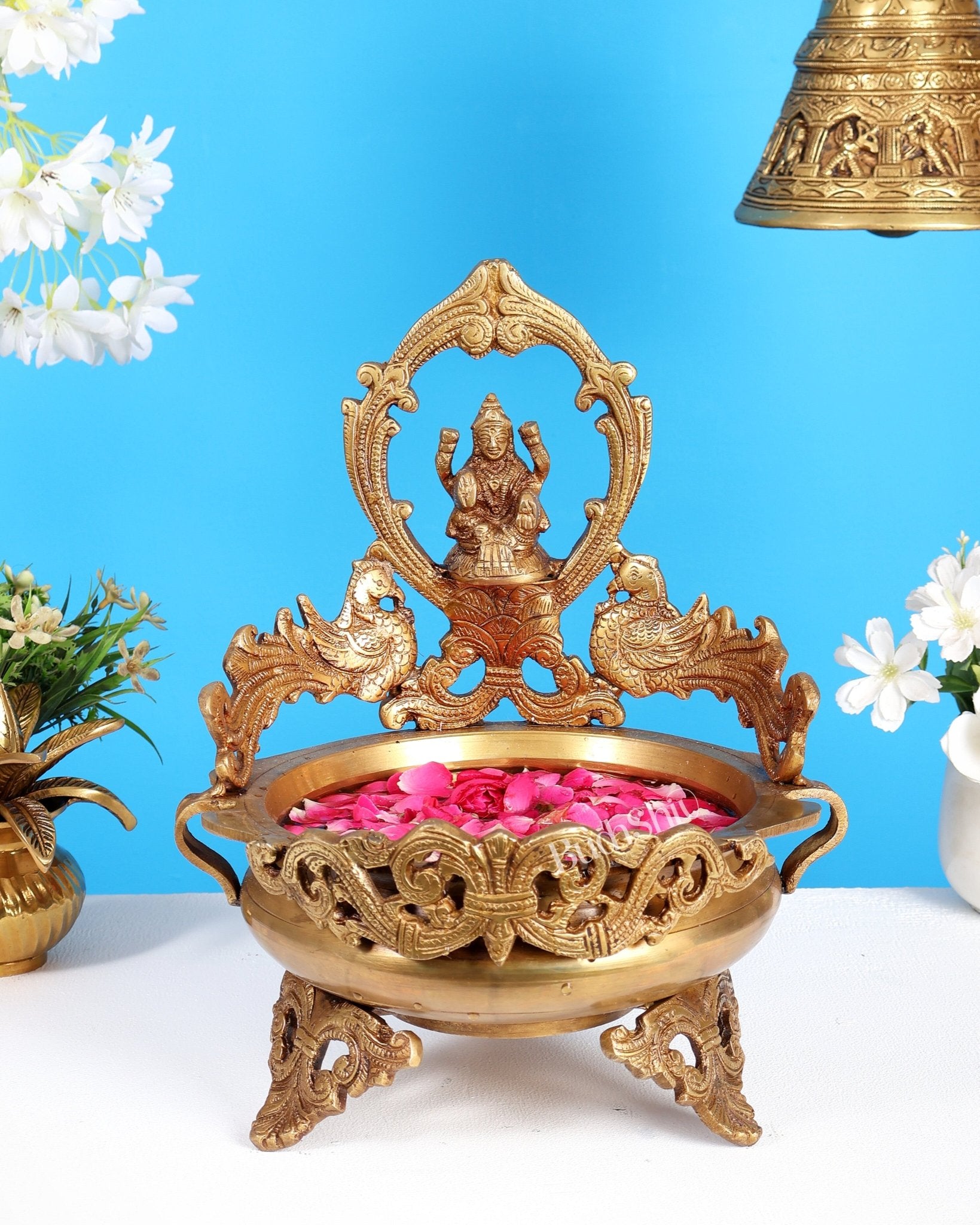 Brass Superfine Lakshmi Urli with Dual Peacocks – Decorative Festive Bowl 11 inch - Budhshiv.com