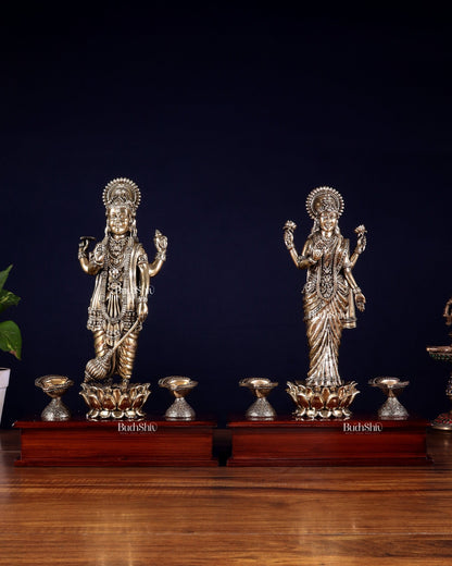 Brass Superfine Lakshmi Vishnu Pair with Diyas on Wooden Base 13 inch - Budhshiv.com