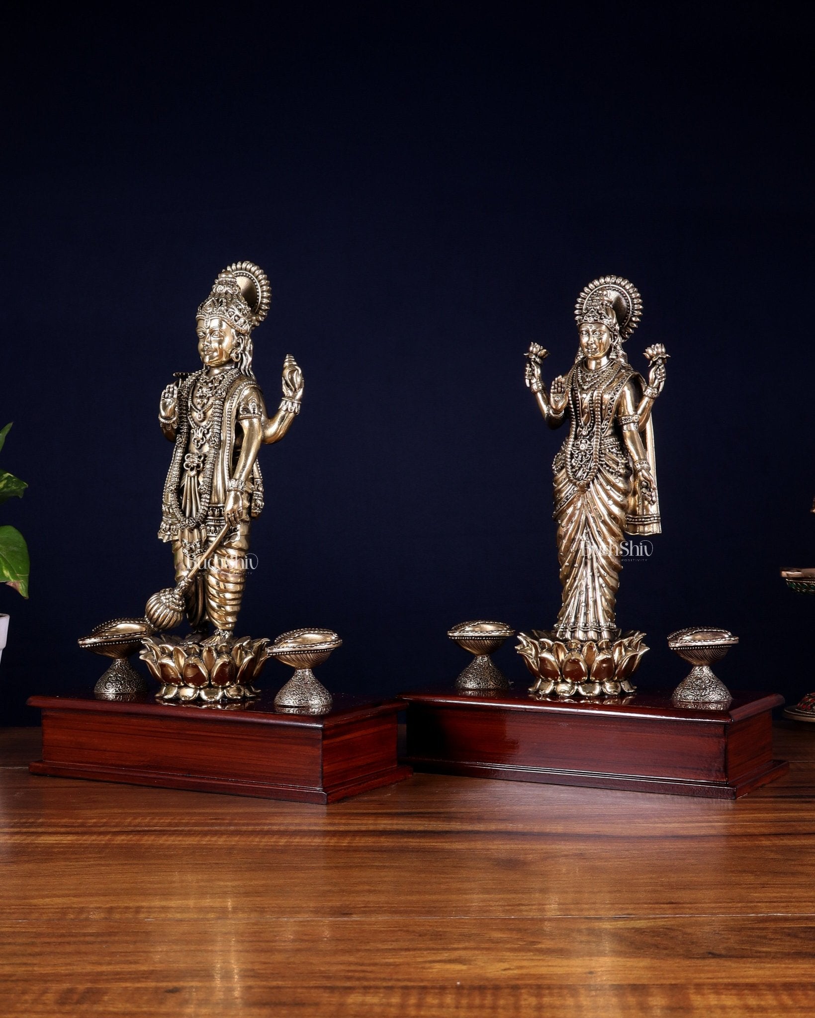 Brass Superfine Lakshmi Vishnu Pair with Diyas on Wooden Base 13 inch - Budhshiv.com